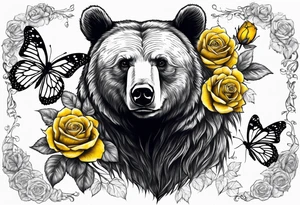 A bear sitting under the tree of life with three yellow roses, and three butterflies tattoo idea