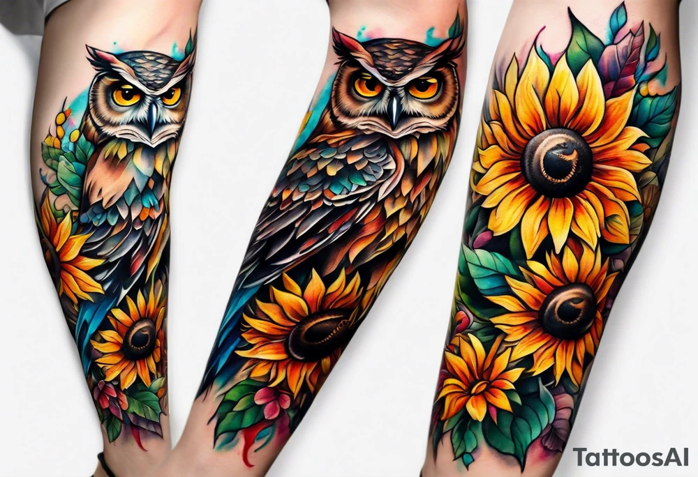 Leg sleeve with colorful sunflowers and an owl tattoo idea