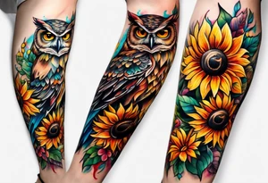 Leg sleeve with colorful sunflowers and an owl tattoo idea