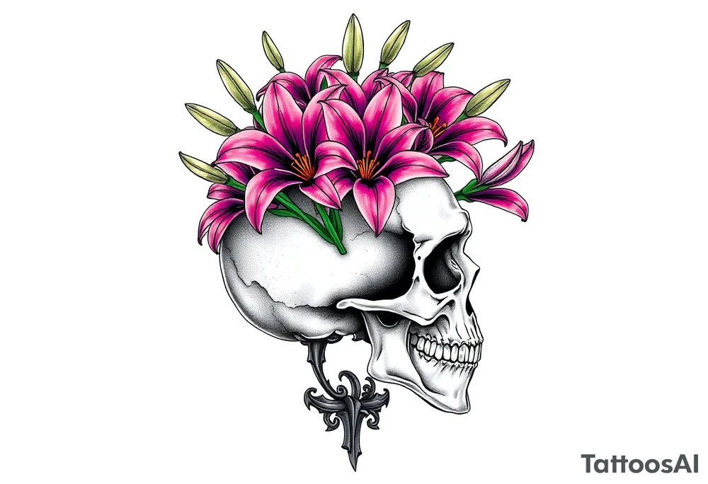 Lillies coming out of back of humanoid skull tattoo idea