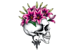 Lillies coming out of back of humanoid skull tattoo idea
