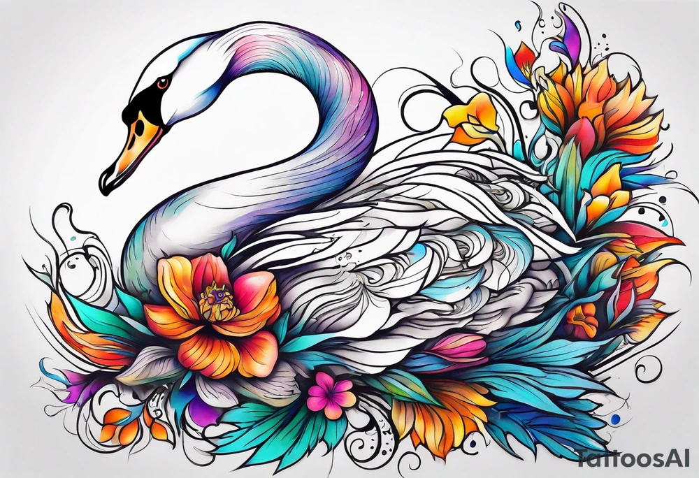 Colorful swan tattoo with flowers tattoo idea