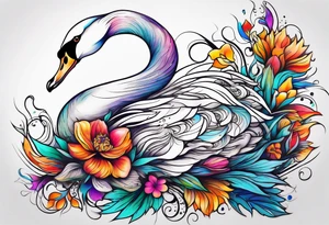 Colorful swan tattoo with flowers tattoo idea