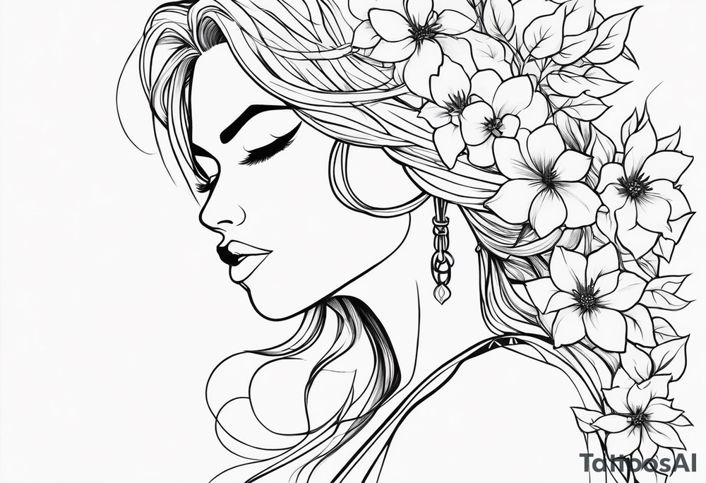 Powerful sexy warrior woman with flowers and vines tattoo idea