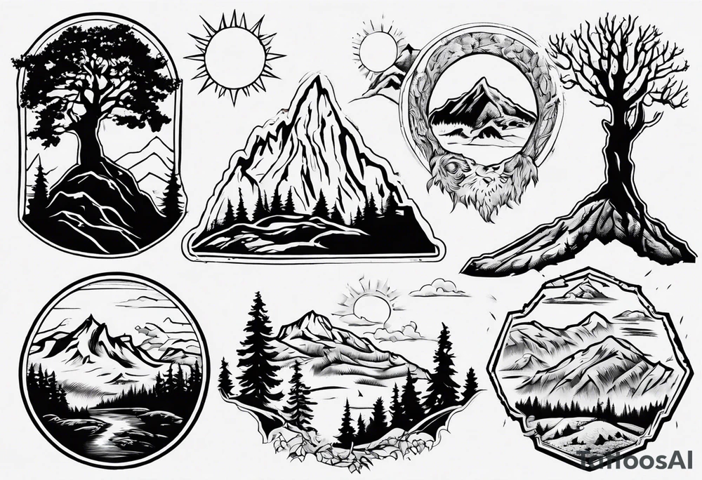 Outline of the state of New Hampshire with the old man on the mountain in it as well as mountains, trees, and the sun tattoo idea
