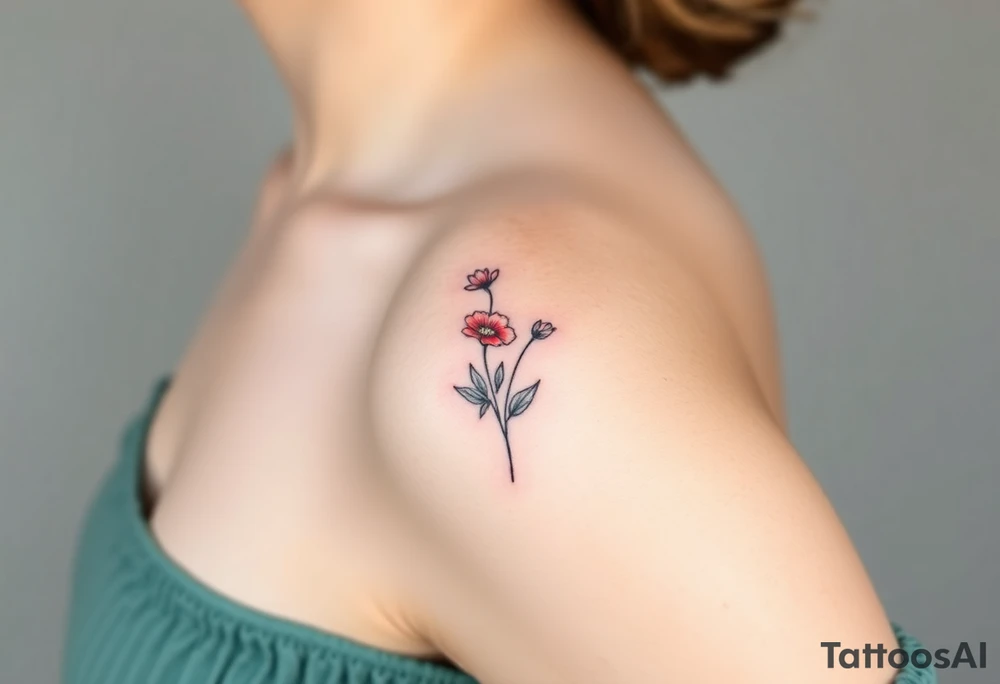 Upper arm and shoulder sleeve
Realistic
Water color
Fine line
Birth flowers for the months of
February 
July
August
October
December
Multi colored tattoo idea