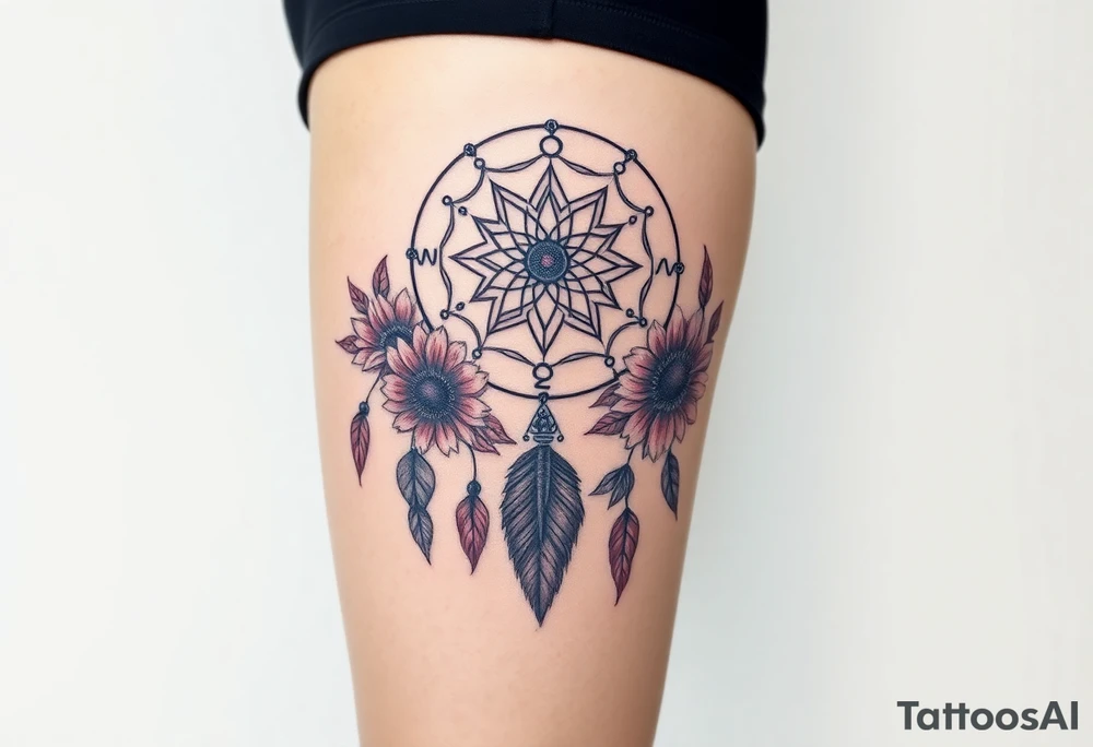 Dreamcatcher with zodiac symbols and protection runes caught in it with tigerlillies roses and sunflowers tattoo idea