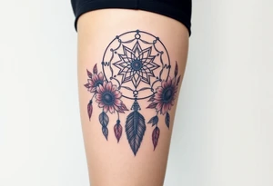 Dreamcatcher with zodiac symbols and protection runes caught in it with tigerlillies roses and sunflowers tattoo idea