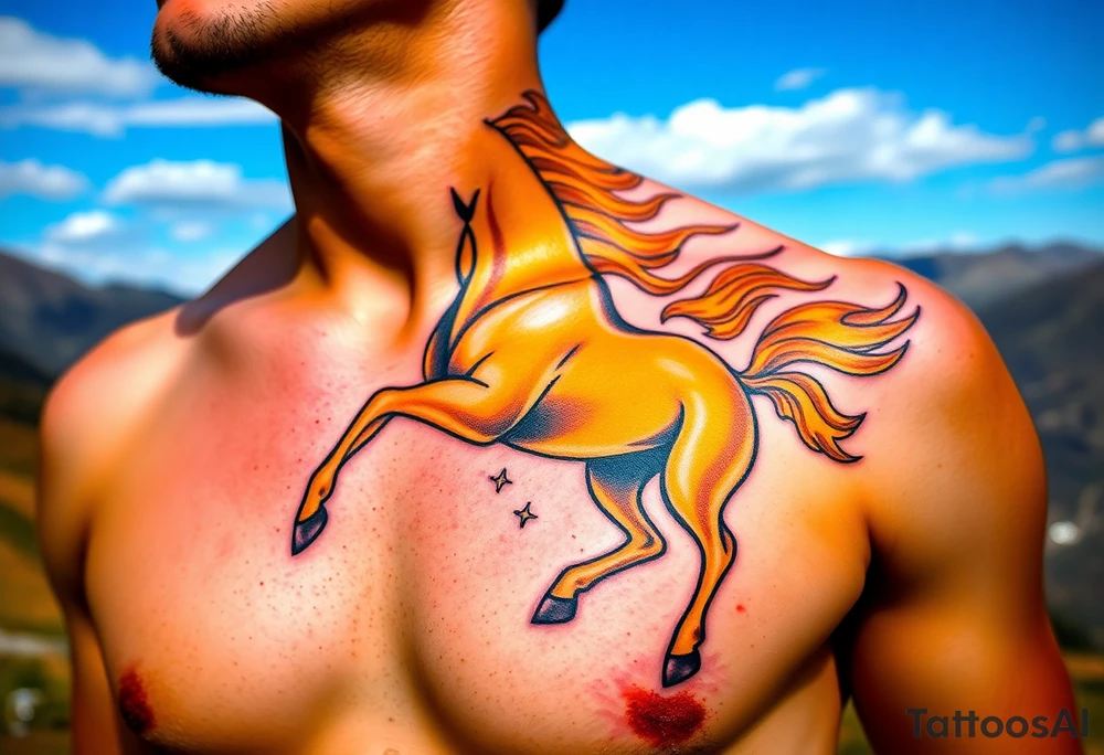 The tattoo represents a supernatural encounter with a golden horse with jet-black fur in the mountains of Choquequirao (Cusco, Peru). This mysterious, fleeting horse symbolizes strength, energy, and spiritual rebirth. It appeared at full speed, its hooves shaking the ground, its breath so powerful it drowned out all other sounds. The narrator felt no fear, only awe as the horse took a perfect curve, muscles tense, radiating power and grace. Its presence transformed the narrator, giving them the energy to complete an exhausting trek and leaving them with a profound connection to something greater. The tattoo aims to capture the essence of this moment: strength, speed, beauty, and the spirit of the mountain. tattoo idea