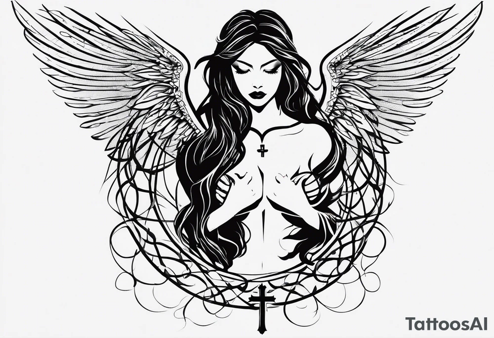 I need a tattoo in minimalism, the main element will be a cross, which should have angel wings, and barbed wire runs from top to bottom along the cross tattoo idea