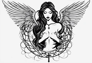 I need a tattoo in minimalism, the main element will be a cross, which should have angel wings, and barbed wire runs from top to bottom along the cross tattoo idea