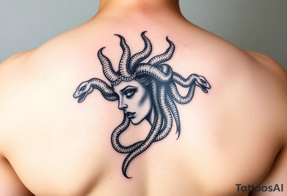 Side portrait of Medusa with snakes heads tattoo idea