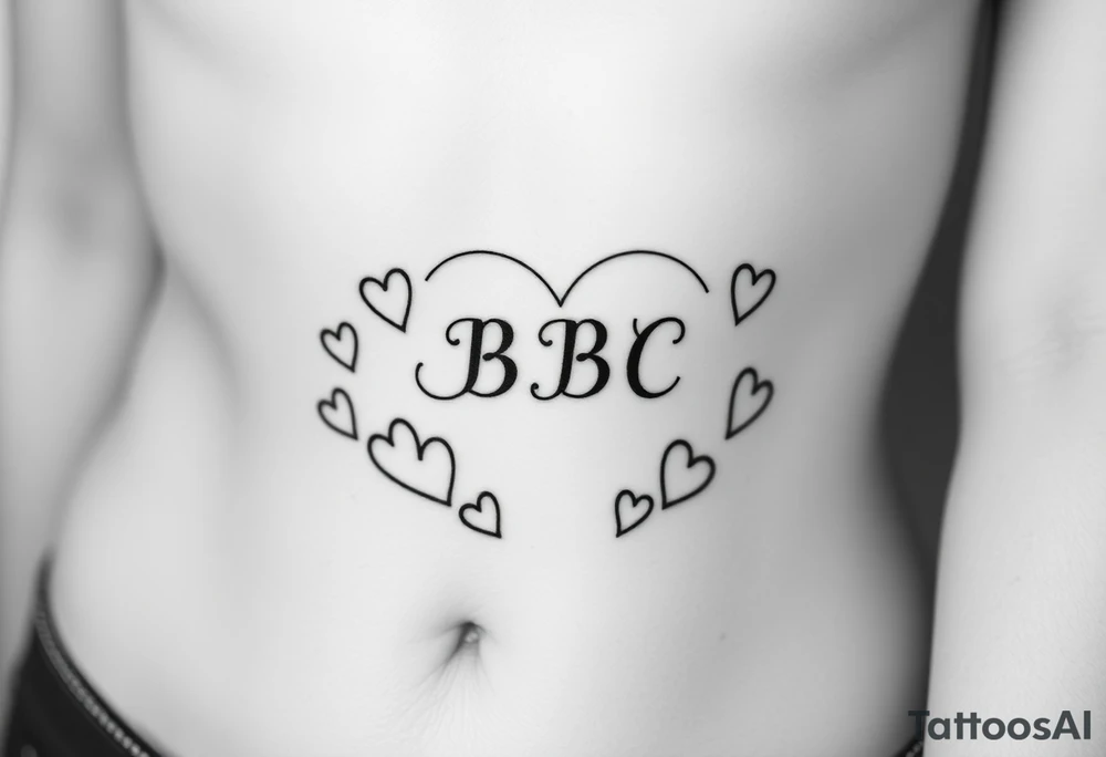 text reading "BBC" across a womb tattoo surrounded by hearts tattoo idea