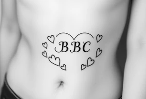 text reading "BBC" across a womb tattoo surrounded by hearts tattoo idea