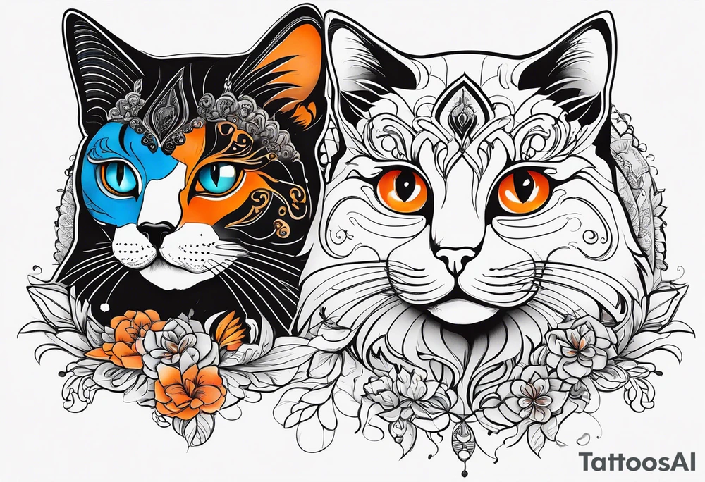 A white blue eye cat an black cat with brown eyes and an orange and white cat with browneyes tattoo idea