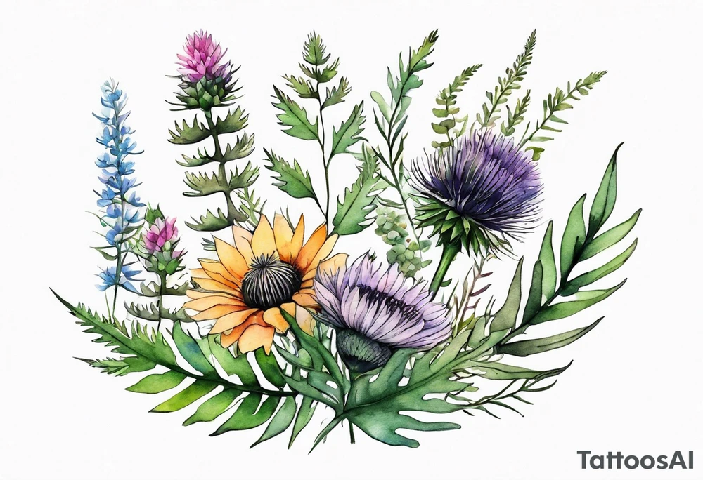small vertical mixed wildflower bouquet with ferns, thistle and with watercolor tattoo idea