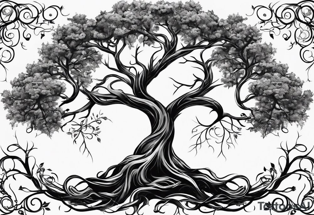 twisted tree with long roots and branches stencil for chest and collar bone tattoo idea
