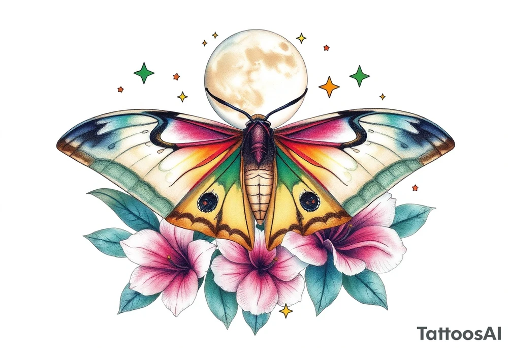 Beautiful Luna moth encompassed by tiger lily flowers and stars tattoo idea