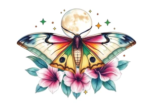 Beautiful Luna moth encompassed by tiger lily flowers and stars tattoo idea