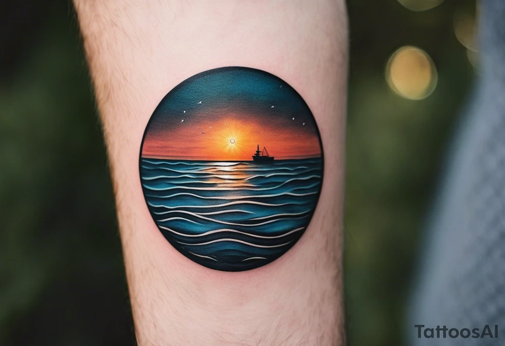 This is an extremely simple and minimalistic tattoo on male forearm. The tattoo covers the forearm lengthwise and is not tall or round. From the perspective of being on the ocean, Water is calm, with no waves in sight, the sun is setting behind the ocean, reflecting light onto the ocean. tattoo idea