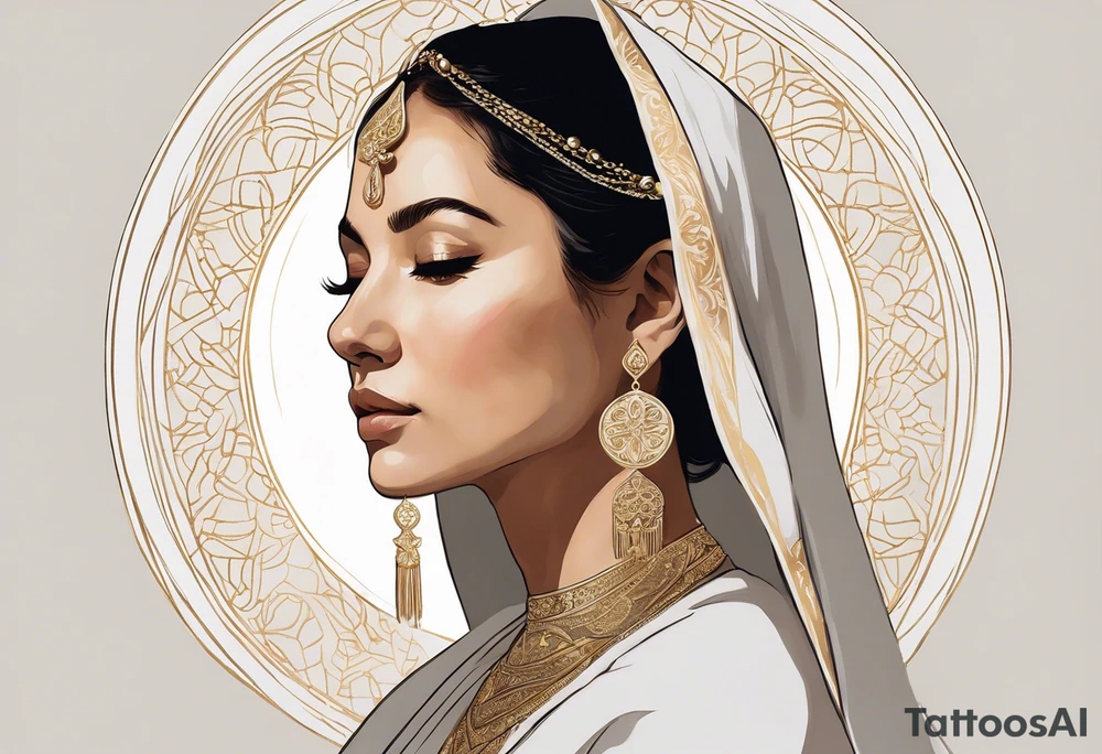 A serene and elegant portrait of a woman with a calm and angelic expression, wearing a delicate white veil, gold jewelry with intricate designs, and a pendant with a religious icon. The lighting is soft and warm, creating a painterly and ethereal effect, reminiscent of classical art tattoo idea