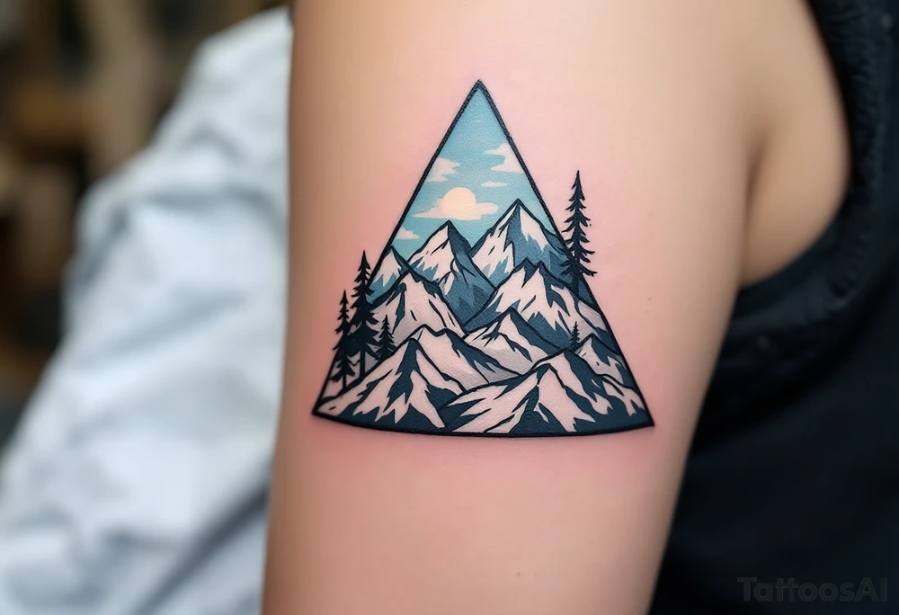 A triangle filled with mountains and shaded in charcoal and sky blue, symbolizing adventure and strength. tattoo idea
