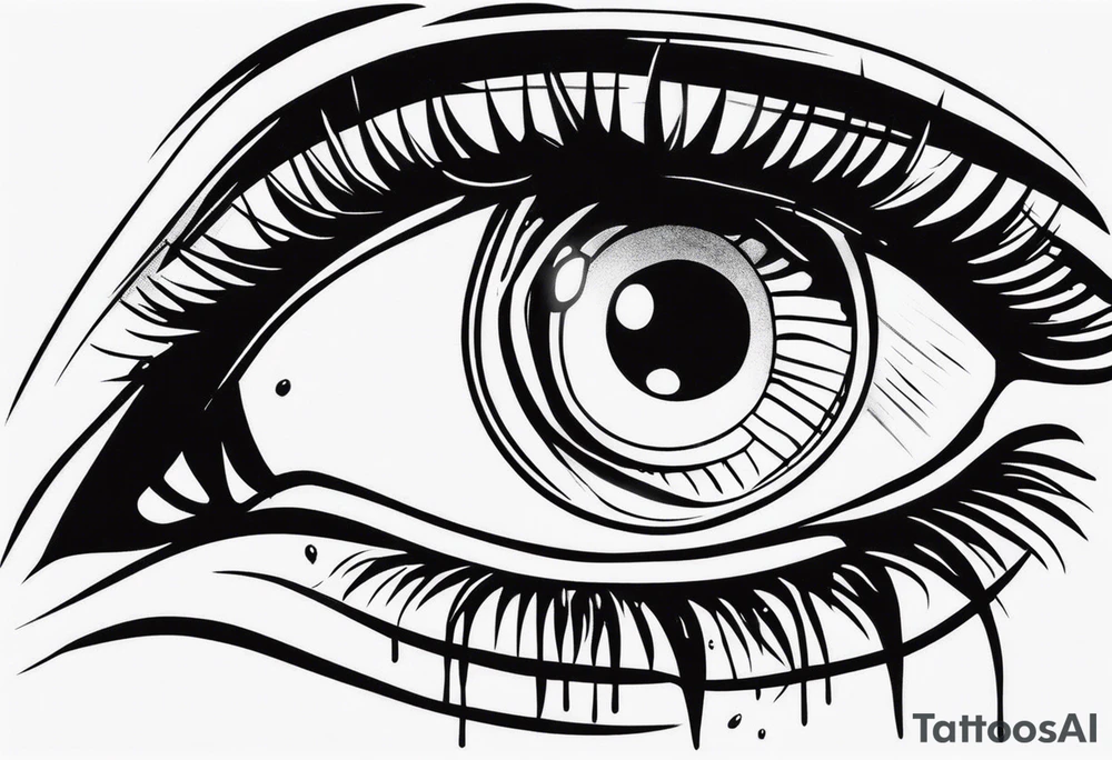 A realistic human eye crying tears of blood with a reflection of two black shadows or people holding guns at two wounded people on the floor tattoo idea