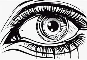 A realistic human eye crying tears of blood with a reflection of two black shadows or people holding guns at two wounded people on the floor tattoo idea