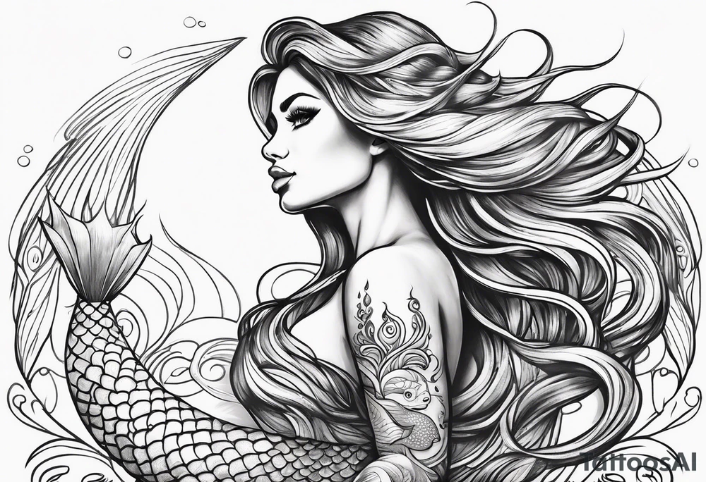 sexy goddess mermaid with flowing hair and long flowing tail with scales and tattoos tattoo idea