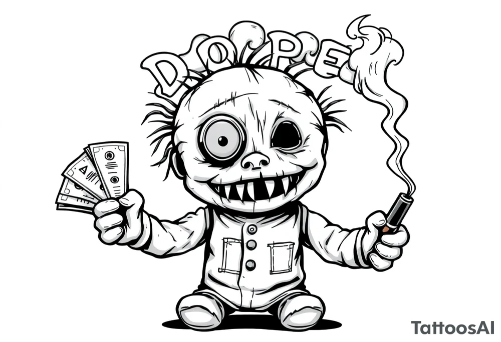 Stitched up rag doll with a button as one eye and some thread as the other. Scary. Warn down. Razor like shark teeth with blood dripping. Holding some money in one hand and a cigar in the other hand. Smoke pouring off the cigar with the cloud of smoke above spelling out the word DOPE tattoo idea
