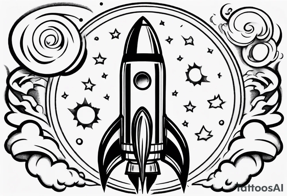 Super simple cartoon rocket ship with a round window, 3 fins, and fire coming out the bottom

Add some shading and detail to make less basic tattoo idea