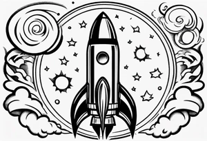 Super simple cartoon rocket ship with a round window, 3 fins, and fire coming out the bottom

Add some shading and detail to make less basic tattoo idea