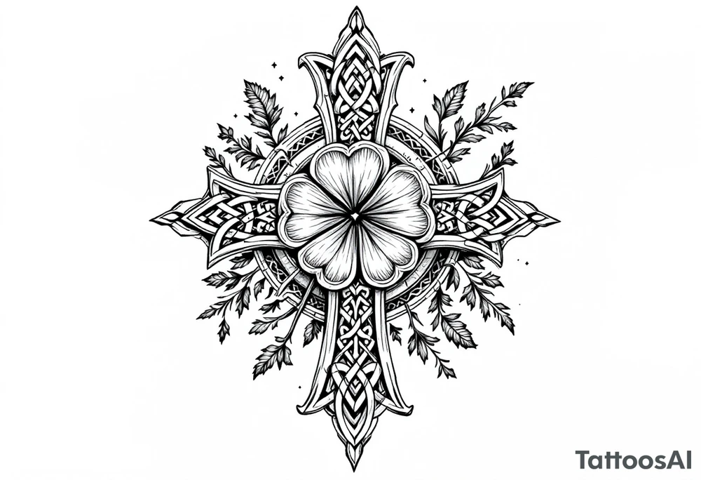 detailed irish celtic cross with a four leaf clover being surrounded by other celtic elements tattoo idea