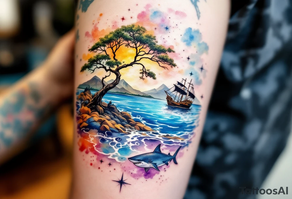 tattoo that has an acacia tree with mountains, ocean with a ship wreck with sharks and the northern star tattoo idea