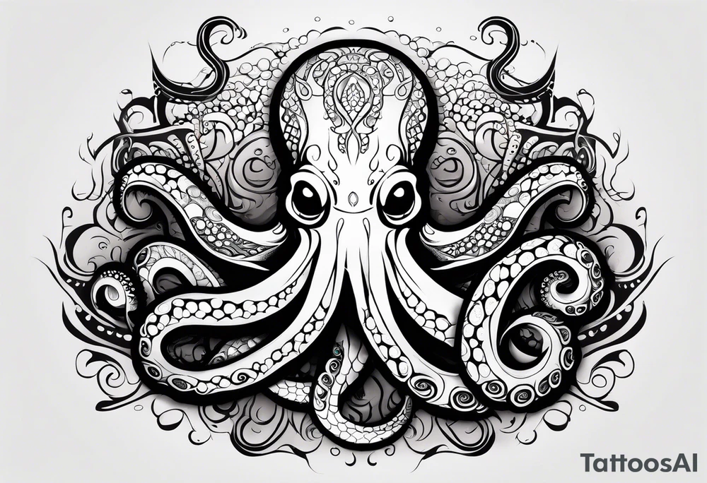 Tribal half sleeve. octopus surrounded by ribbons of water waves filled with fish. the octopus has no eyes. Use thick lines only with less detail. tattoo idea