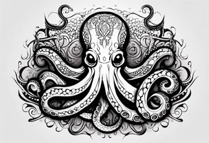Tribal half sleeve. octopus surrounded by ribbons of water waves filled with fish. the octopus has no eyes. Use thick lines only with less detail. tattoo idea
