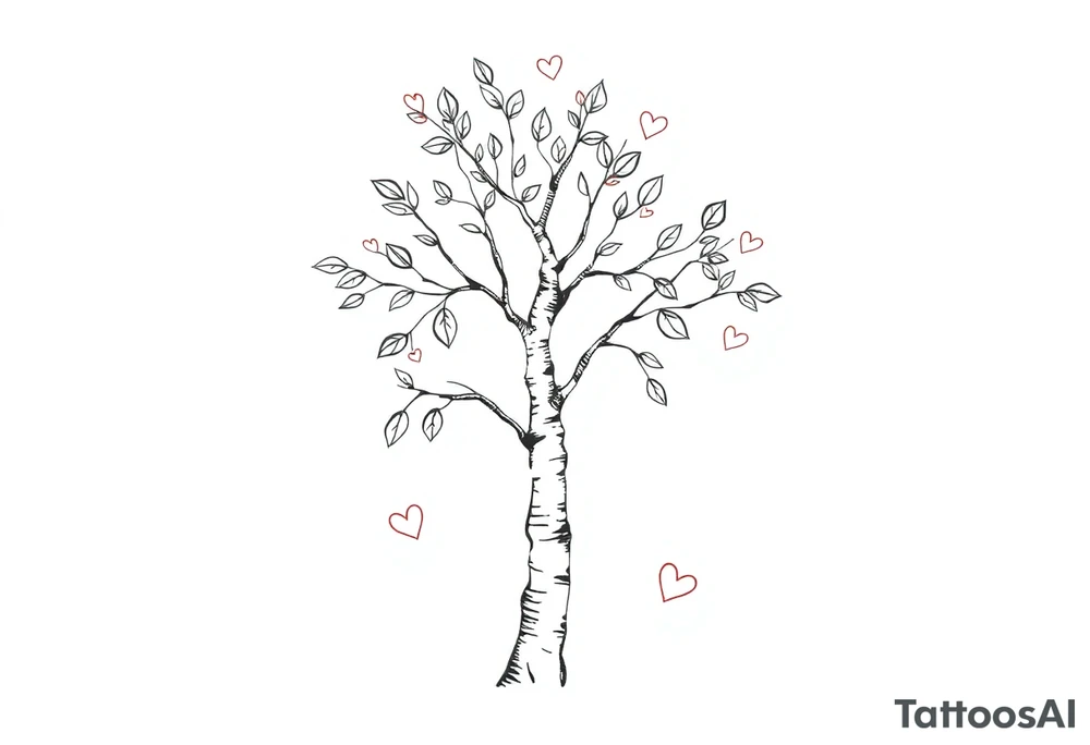 birch tree with leaves and hearts around it tattoo idea