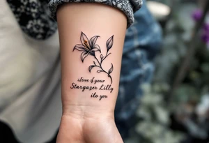 Stargazer Lilly full flower
with these words on stem in cursive (Rix Rys & Ari) long elegant stem with subtle shadowing through drawing in pink hues tattoo idea