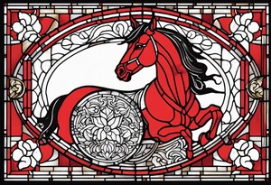 arch shape stained glass window with a red horse's head. tattoo idea