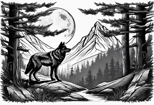 Mountain peaks
Two wolves
Moon
Dark woods
Trail tattoo idea