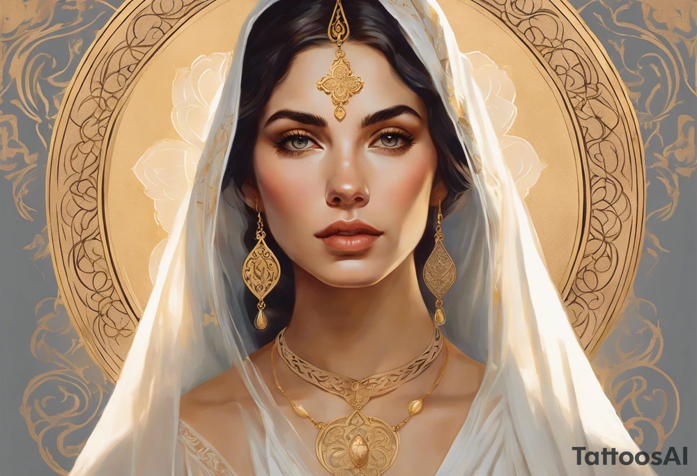 A serene and elegant portrait of a woman with a calm and angelic expression, wearing a delicate white veil, gold jewelry with intricate designs, and a pendant with a religious icon. The lighting is soft and warm, creating a painterly and ethereal effect, reminiscent of classical art holding a lamp in her hand tattoo idea
