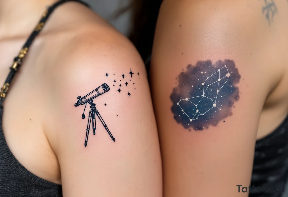 One wears a telescope facing the stars, the other a constellation in delicate white ink on deep navy skin, forming a shared universe. tattoo idea