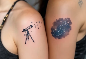 One wears a telescope facing the stars, the other a constellation in delicate white ink on deep navy skin, forming a shared universe. tattoo idea