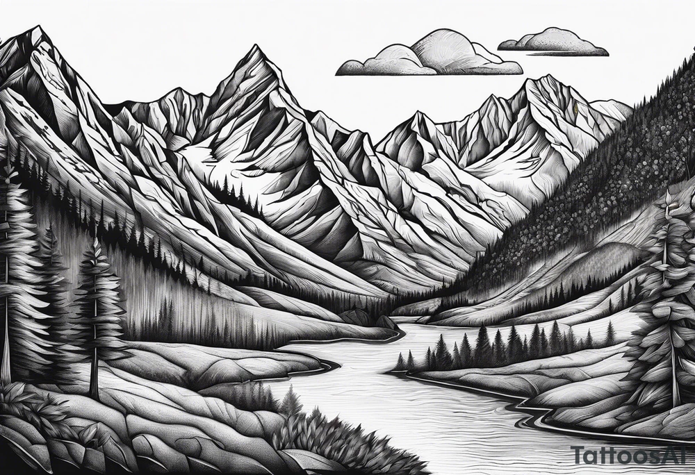 Mountains and in the mountains is a sun with sunbeams that comes out on the mountains from the mountains a river runs down tattoo idea