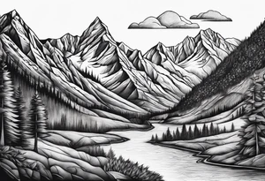 Mountains and in the mountains is a sun with sunbeams that comes out on the mountains from the mountains a river runs down tattoo idea