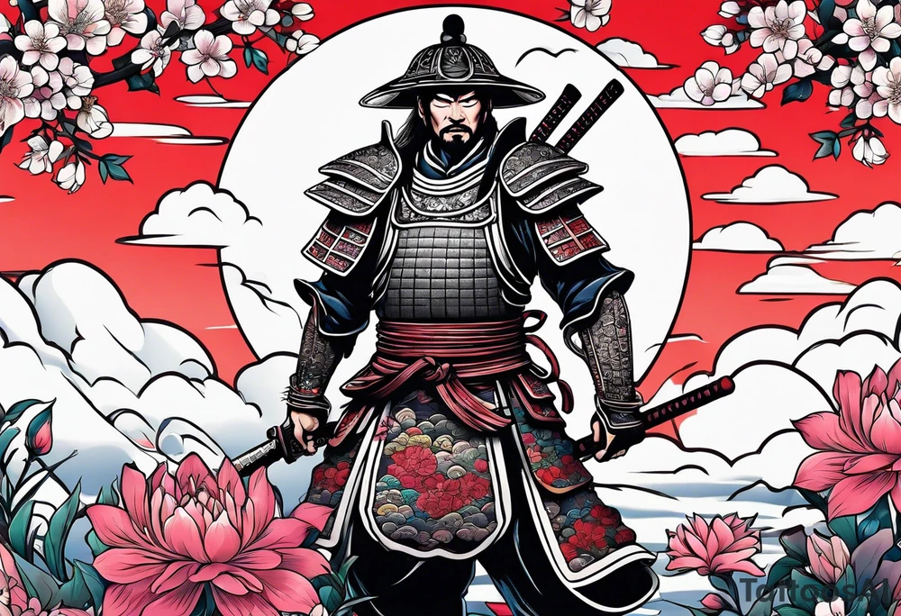 Samurai in flower field tattoo idea