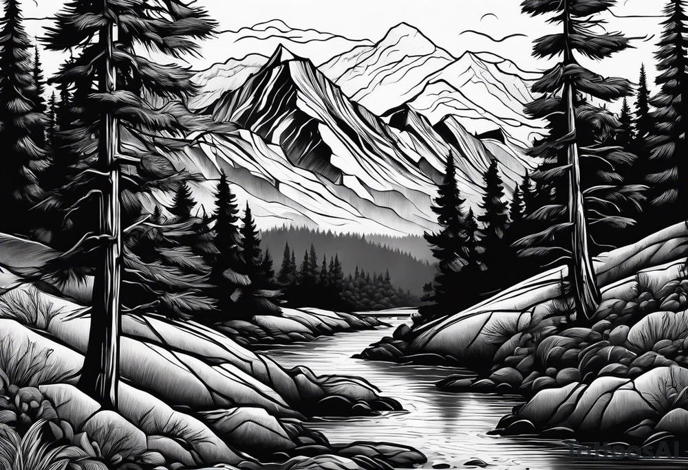 mountains and pine trees tattoo idea
