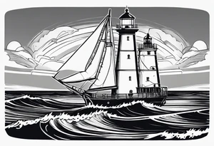 maritime lighthouse partially hidden by its 2 large fixed sails. tattoo idea