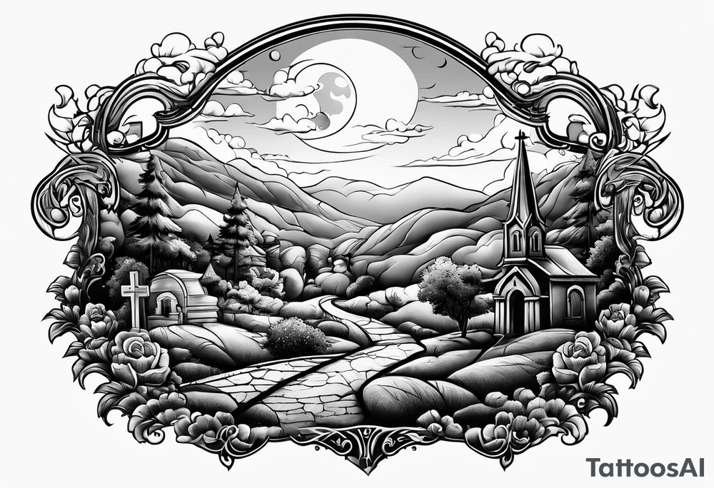 Cemetery on hills with clouds and moon tattoo idea