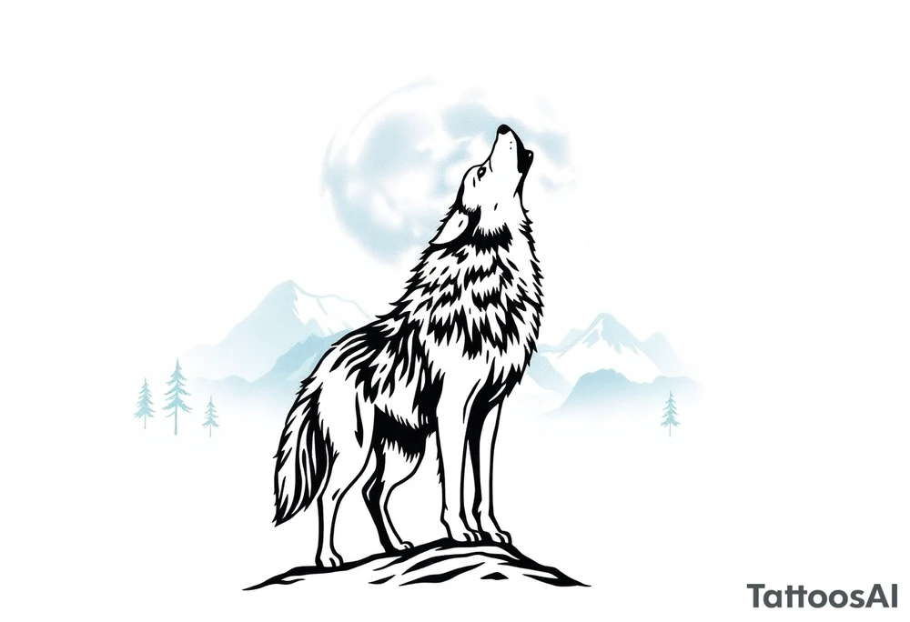 lone wolf howling at full moon with northern lights backdrop tattoo idea